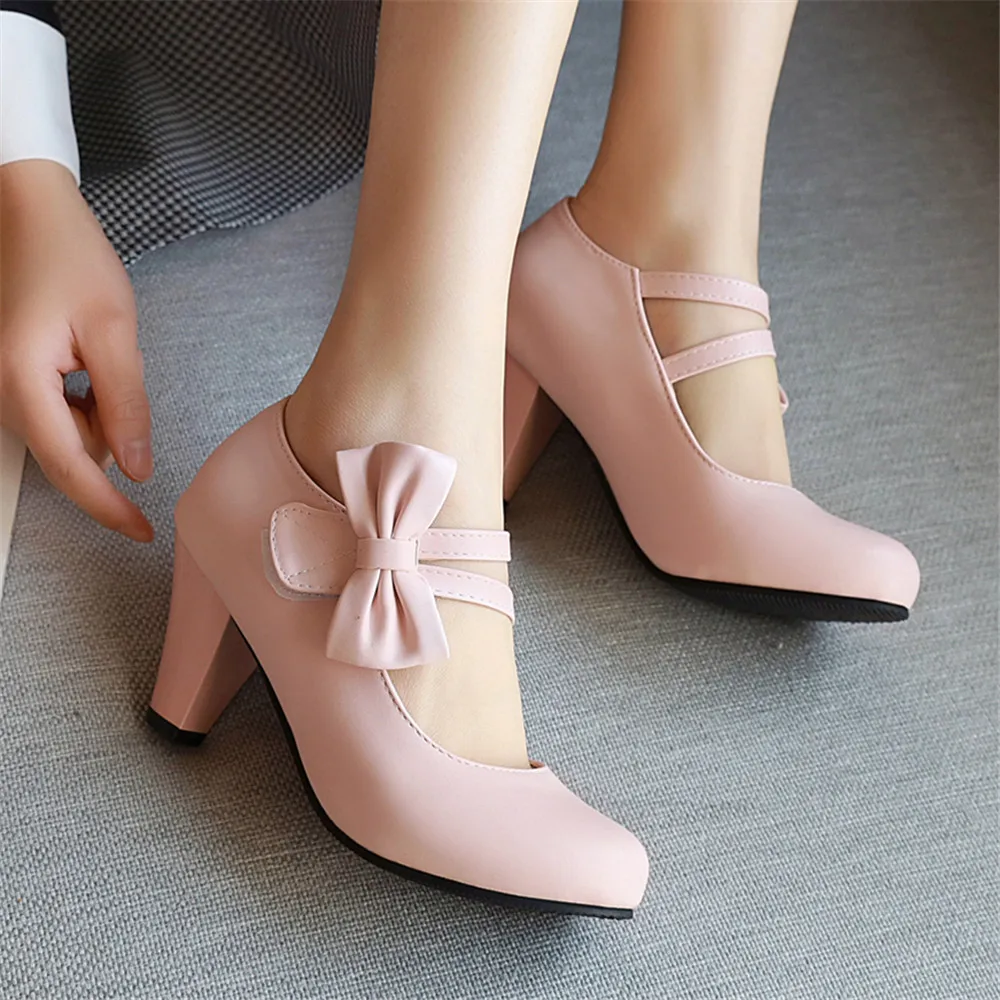 Spring Women High Heels Ankle Strap Mary Jane Pumps Party Wedding Cosplay White Red Black Bow Princess Lolita Shoes Size 34-46