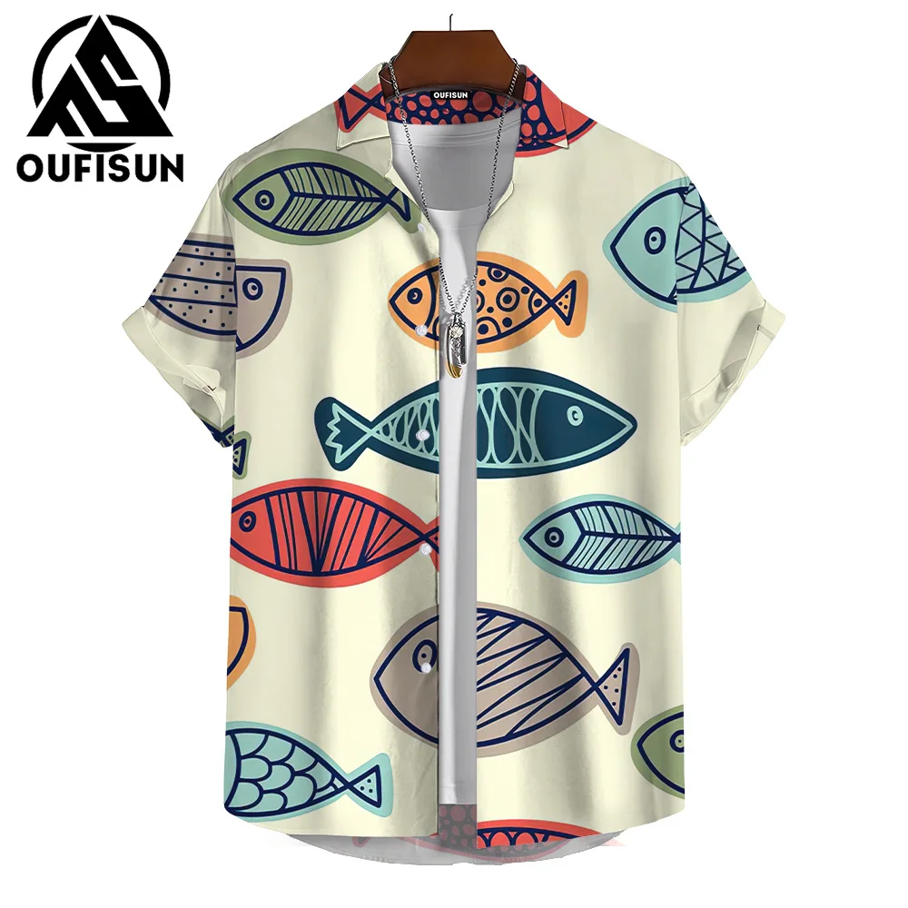 Camisa estampada de verano para hombre, estampado 3D de dibujos animados, estampado de peces, vacaciones en la playa, uso diario, camisa de manga corta para hombre, Top de gran tamaño