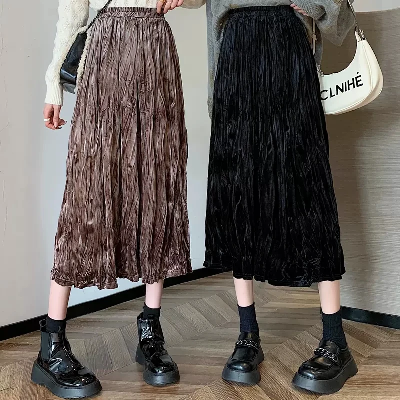 

New 2023 Casual Golden Velvet Pleated Skirts For Women's Clothing medium length A Line Skirts jp779