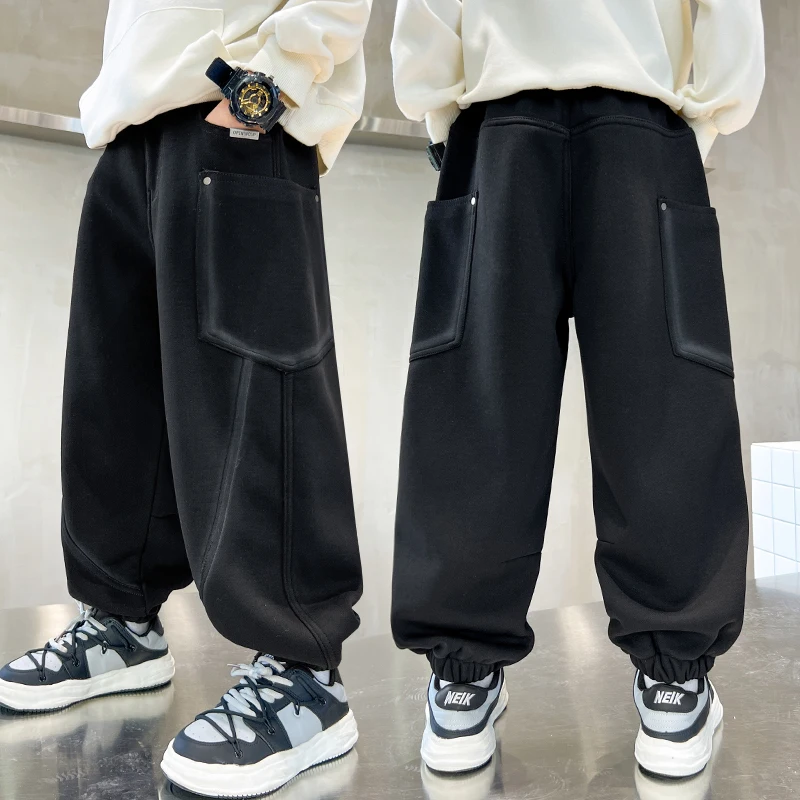 

New Autumn Korean Kids Knitted Sweatpants with Side Pocket Boys Casual Track Pants For Teenage Child Cotton Sports Trousers 5-14