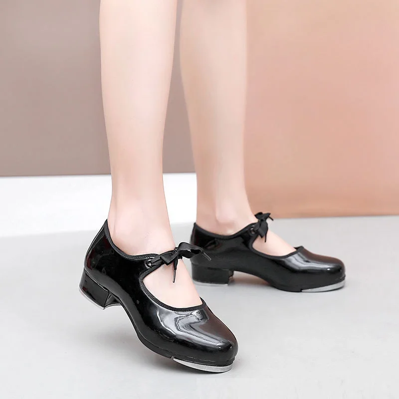 Elastische Öffnung Gerade Sohle Tap Dance Schuhe Frauen Schwarz Imitation Leder Turnschuhe Schritt Dance Schuhe Kinder Große Größe