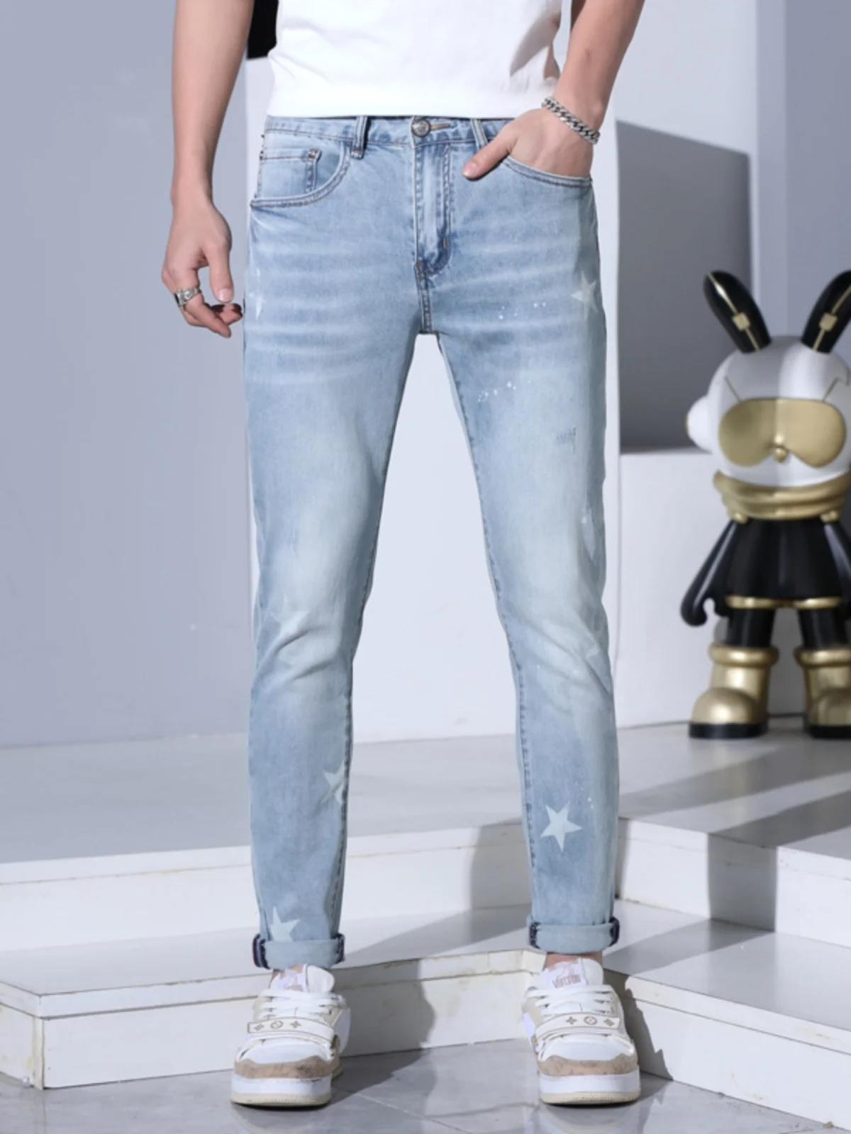 

Мужские джинсы Slim Fit с принтом звезд, эластичные, повседневные, длинные брюки, средняя посадка, из хлопкового стрейч-денима, износостойкие, прямого кроя, весна-лето