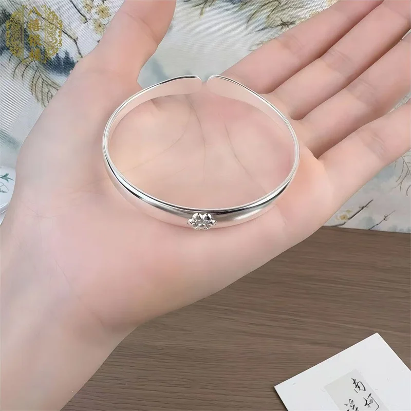 Vintage Plum Flower 999 Silver Open Cuff Bracelet Matte Silver Embossed Bangle Ladies Daily Wear Gift Jewelry