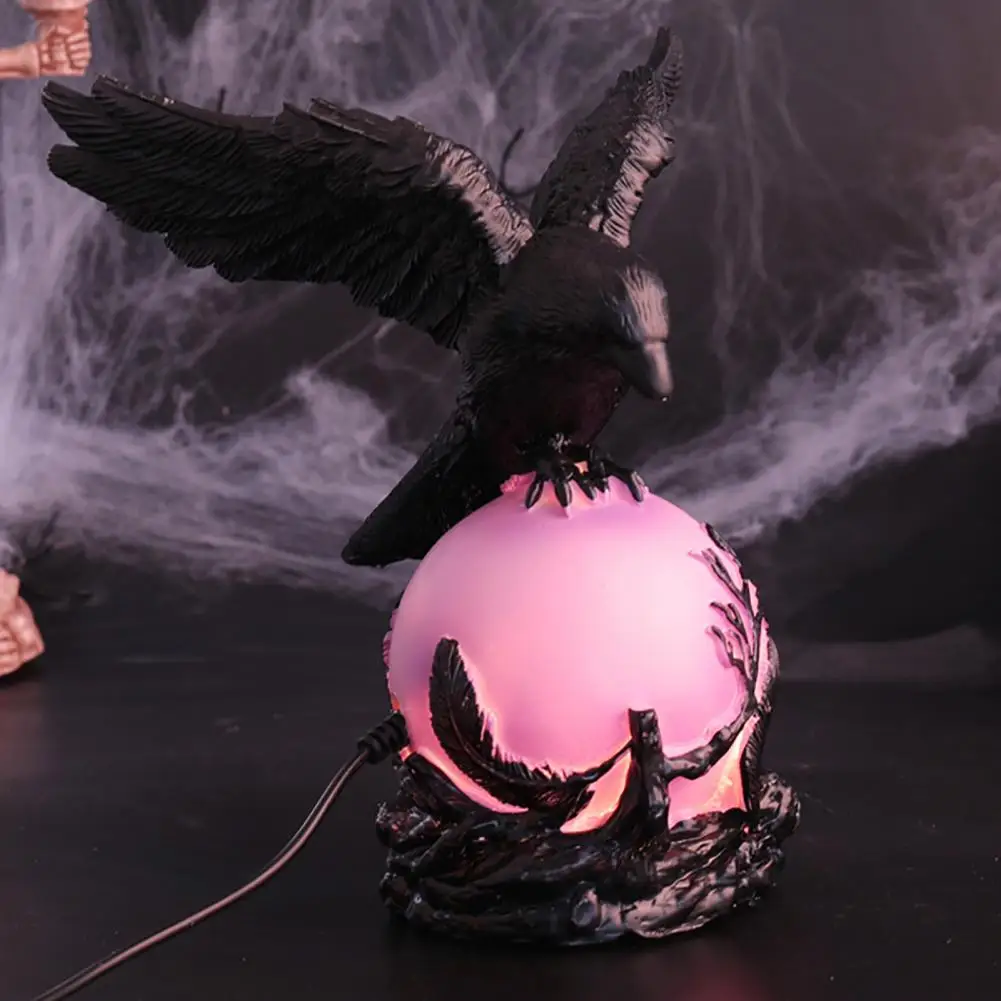 Purple Led Night Light Dark Art Table Decor Crow Lamp with Purple Light Ball Resin Halloween Night Light Statue Usb for Bedroom