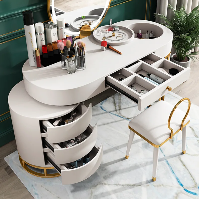 Nordic Simple Multi-layer Drawer Dresser LED Light Mirror Makeup Table And Chairs Complete Combination Household Light Luxury Ma