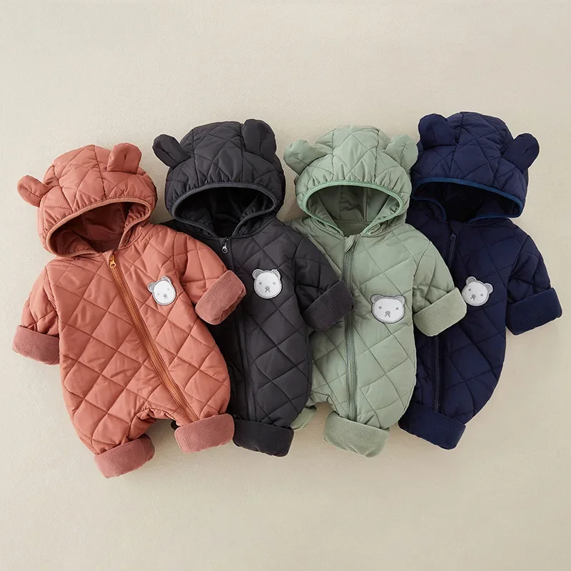 

2025 Newborn Baby Quilted Romper Bodysuit 0-3Y Infant Boy Girls Thickened Cartoon Bear Hooded Onesie Warm Winter Autumn Jumpsuit