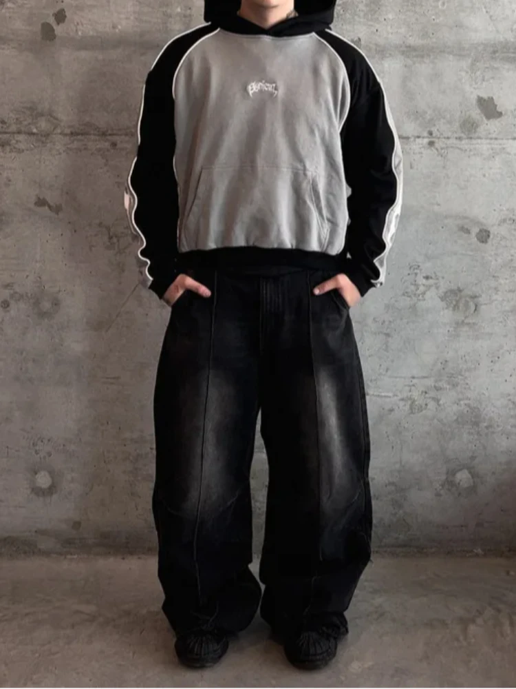 Retro Jacket Streetwear Trend Versatile Hoodie European And American Harajuku Printed Color Blocked Long Sleeved Pullover Hoodie