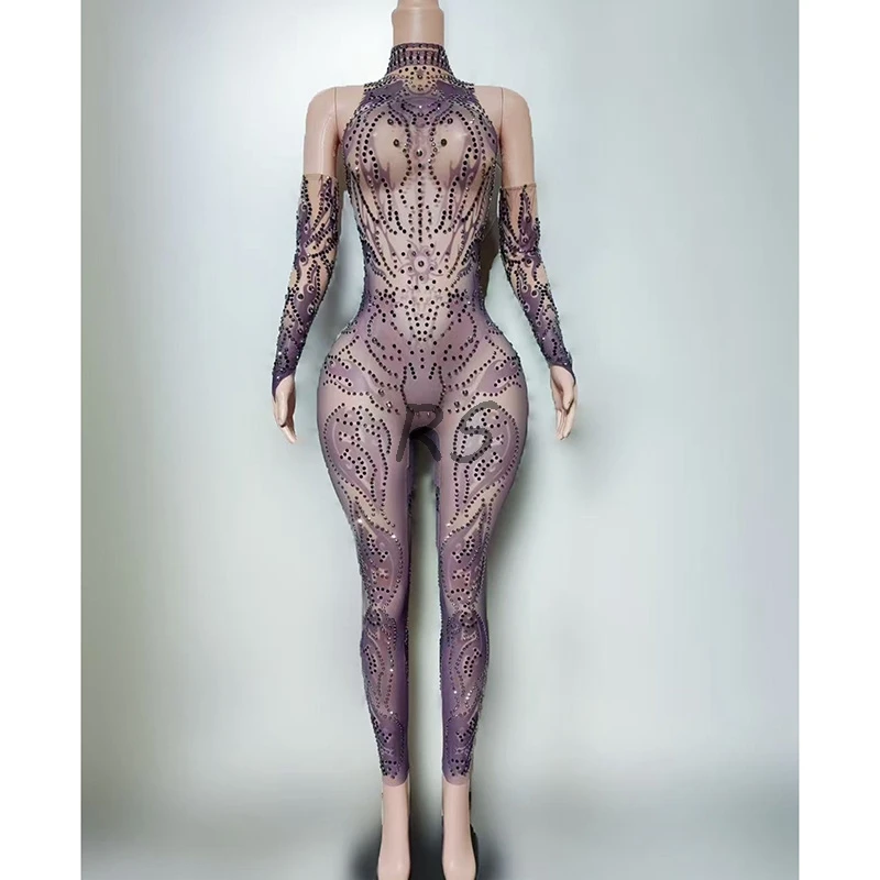 Women's Sexy Silver Jumpsuit Long Sequined Rhinestones Performance Dance Costume for Stage Shows Nightclubs Stretchy Summer