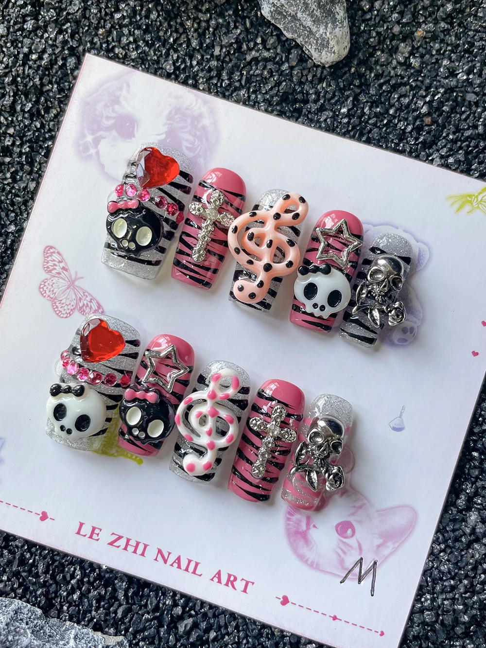 

Y2K Hot Girl Skull Head Press On Nails Art Square Shape Zebra Pattern Note Design Handmade Sparkle Powder Fake Nails Gift