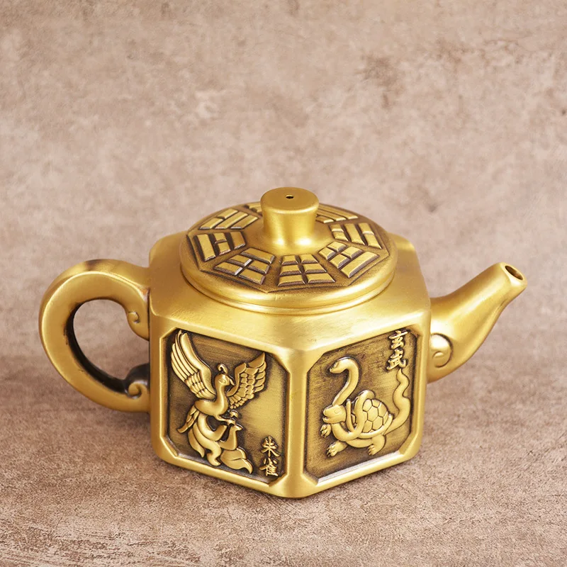 All-brass, thickened, relief-carved copper teapot featuring the Four Divine Beasts (Zhuque and Xuanwu), a decorative item for ho