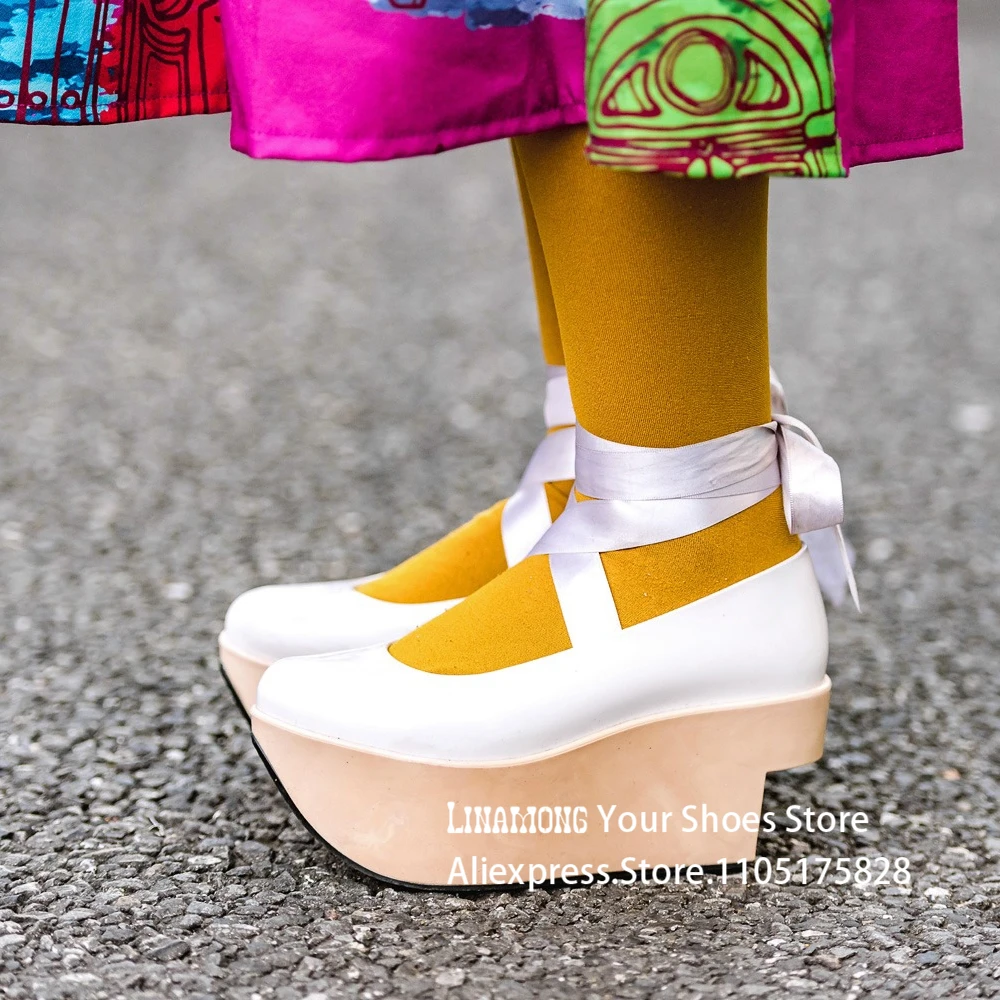 Sapatos de plataforma exclusivos de couro pu branco fita tira no tornozelo sapatos de salto estranho estilo kawaii quimono cosplay saltos personalizados multicoloridos