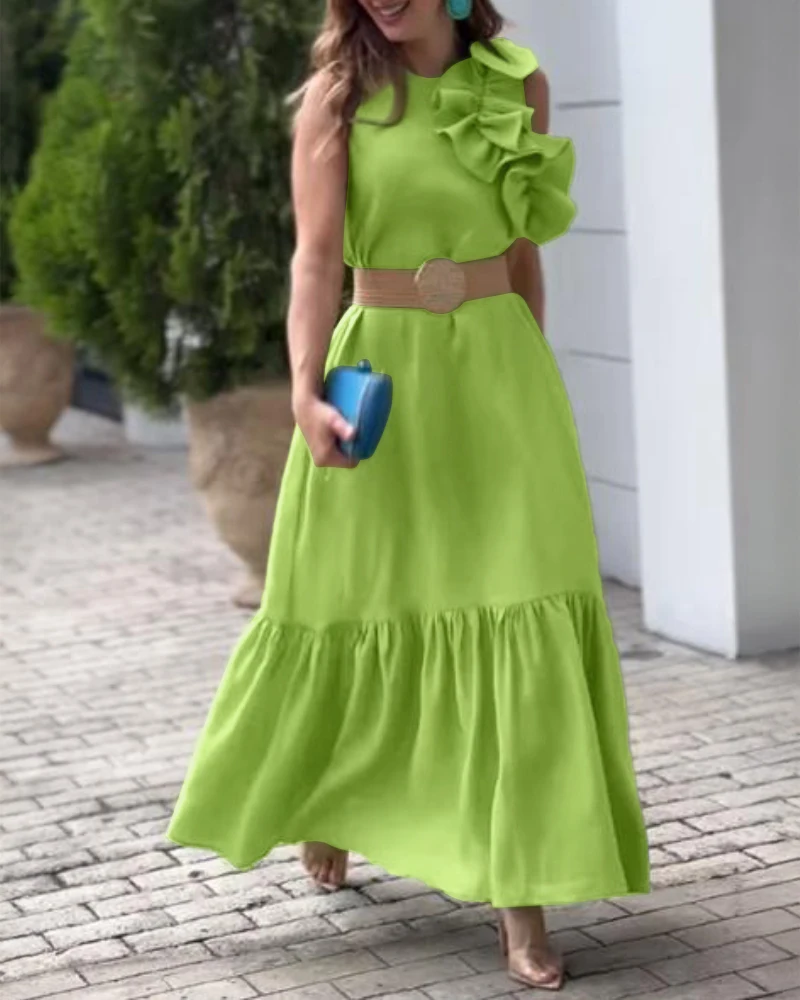 

Elegant Dress for Women Sleeveless Dress Featuring 3D Asymmetrical Ruffle Elegant Ruffle Hem Maxi Dress Without Belt