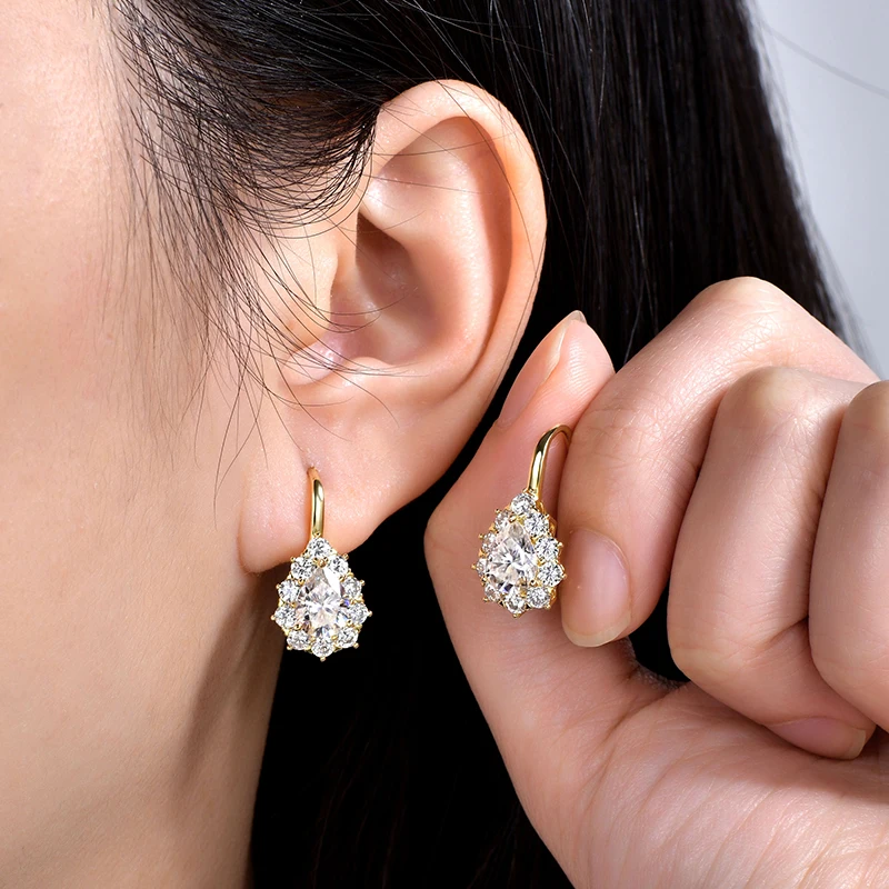 Celestinova 6x8mm D VVS1 Pear Cut Moissanite Halo Snowflake Leverback Drop Earrings for Women Bridal Wedding Jewelry Luxury Gift
