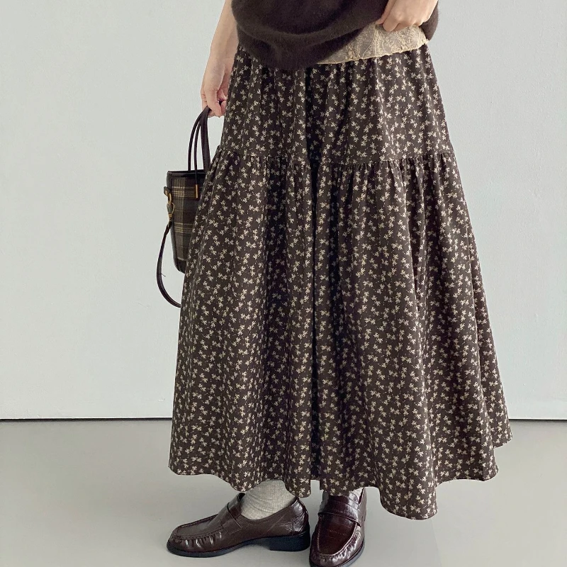 Vintage Mori Girl Style Floral Print Elastic Waist A-Line Maxi Skirt Autumn Winter Korean Fashion Elegant Long Skirts for Women