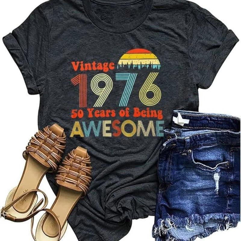 

Womens Vintage 1976 Shirts Retro 70s Tshirt Funny Original Parts Letter Print Tee 50th Birthday Gift for Mama Graphic Tshirts