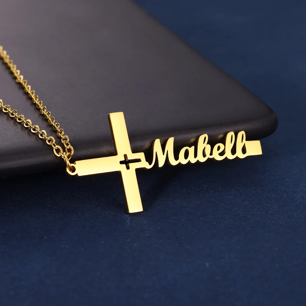 Personalized Custom Cross Name Necklaces Christian Jewelry Stainless Steel Dainty Crucifix Necklaces Pendants Gifts For Her