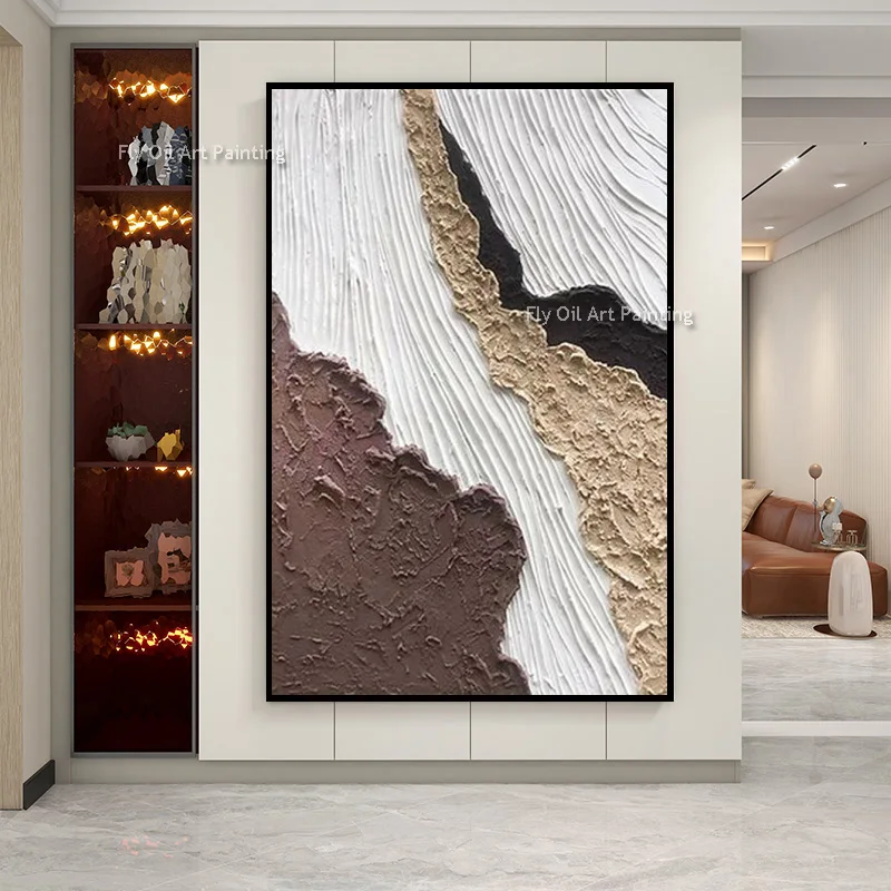 Artisan Knife-Wrought Abstract Oil Painting, Sculptural Ridged Relief Canvas, Japandi Vertical Foyer Statement Wall Decor