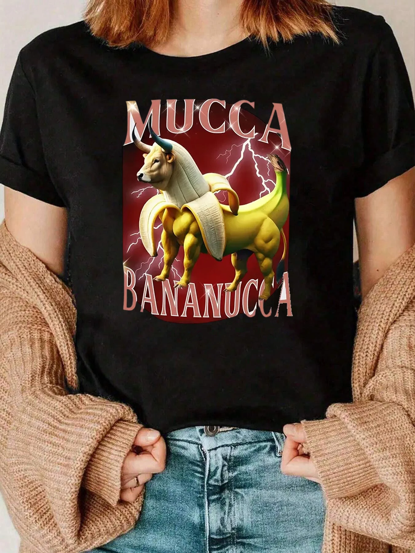 Mucca Bananucca Camiseta con estampado de plátano y vaca Ropa casual para mujer 220g