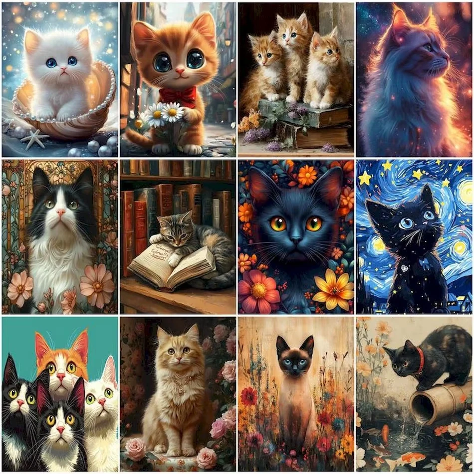 Painting By Numbers On Canvas With Frame Cat abstract hand drawn cute cartoon Picture Frame Acrylic Drawing Canvas Kits
