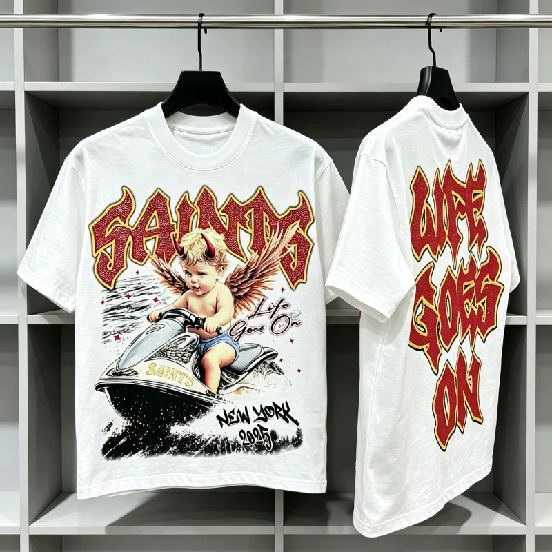 Devil Angel Child Motorcycle Boat Print Saint Tshirt Red Hotfix Rhinestone Letter Round Neck Short Sleeve Men Women Street Tee