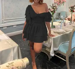 Elegant Women's Summer Dresses Slanted Shoulder Pleated Lotus Leaf Sleeves High Waist Irregular Hem Y2K Sexy Women's Cake Dress