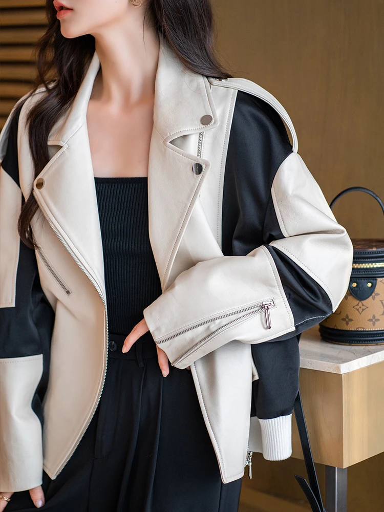 ผู้หญิงฤดูหนาว Sheepskin Coat สีเขียวสีดําสีขาว Splicing เสื้อแจ็คเก็ตหนังฤดูใบไม้ร่วงหลวมหัวรถจักรผู้หญิงเสื้อแจ็คเก็ต