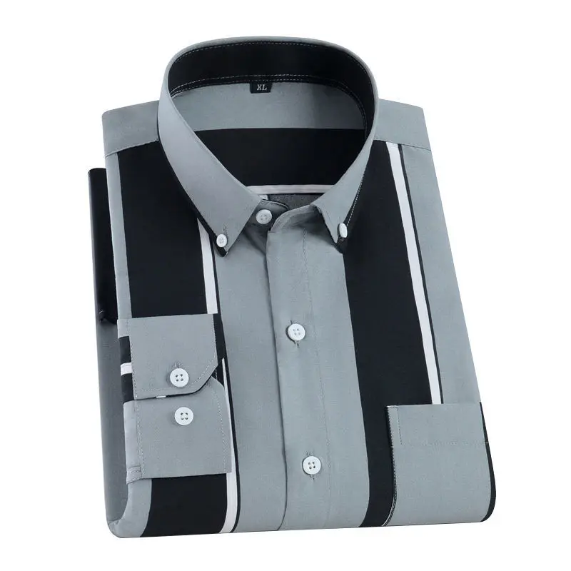 Men Printed Shirt Spring and Autumn Long-sleeved Pocket Stripes Shirt Slim Man Fashion Korean All Matching Casual Undershirt