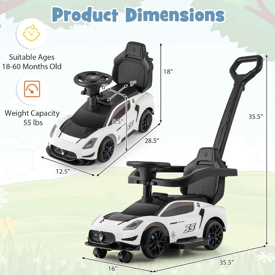 유아용 푸시카 3 in 1 라이선스 마세라티 유모차 슬라이딩 워킹카 핸들 가드레일 시트 밑 수납공간 경적 포함