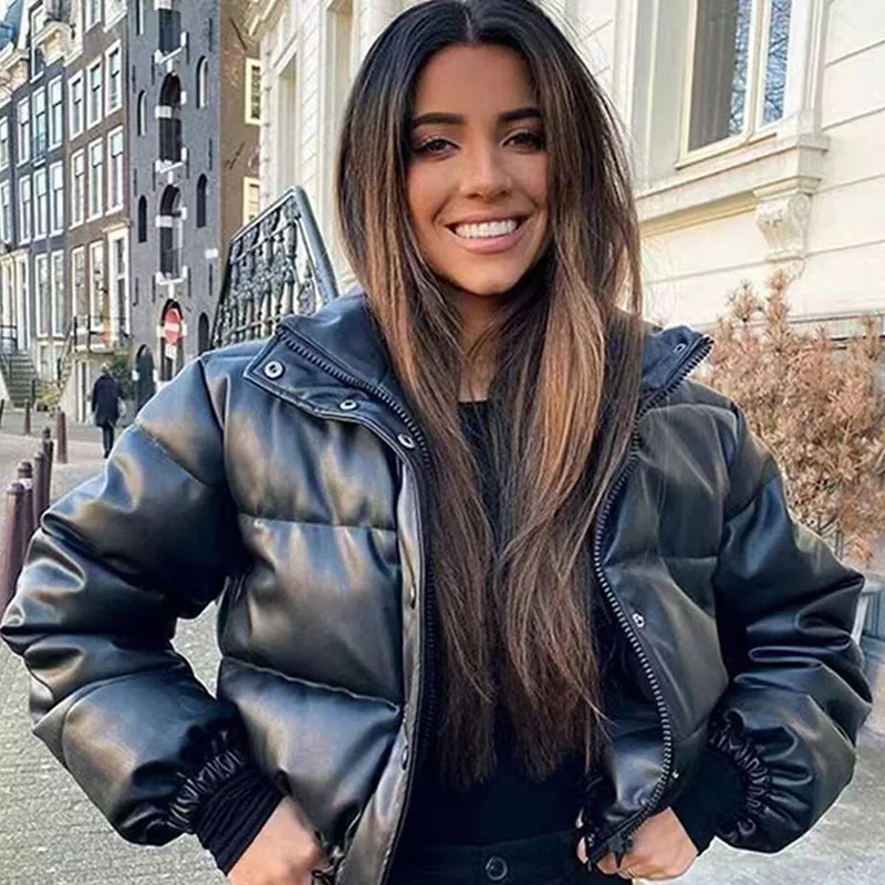 Winter New European and American Wind Leather Cotton Clothes Women's Standing Collar Short Warm Bread Clothes Cotton Clothes Mot