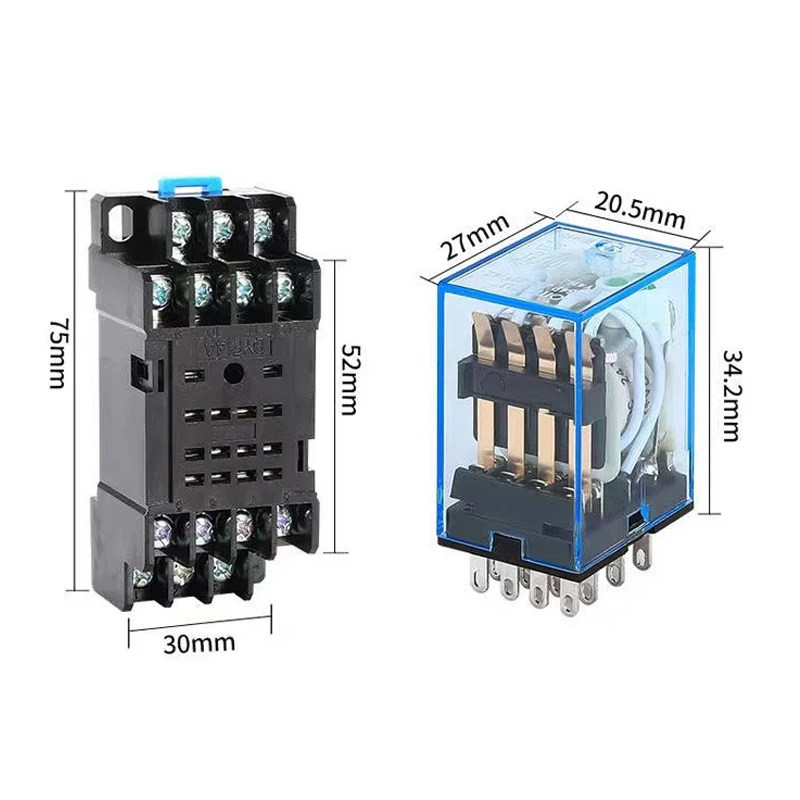 10 Sets MY4 Small Electromagnetic Relay DC12V DC24V AC110V AC220V AC380V MY4NJ HH54P Power Coil Relay 4NO 4NC  14 Pin + Base Min