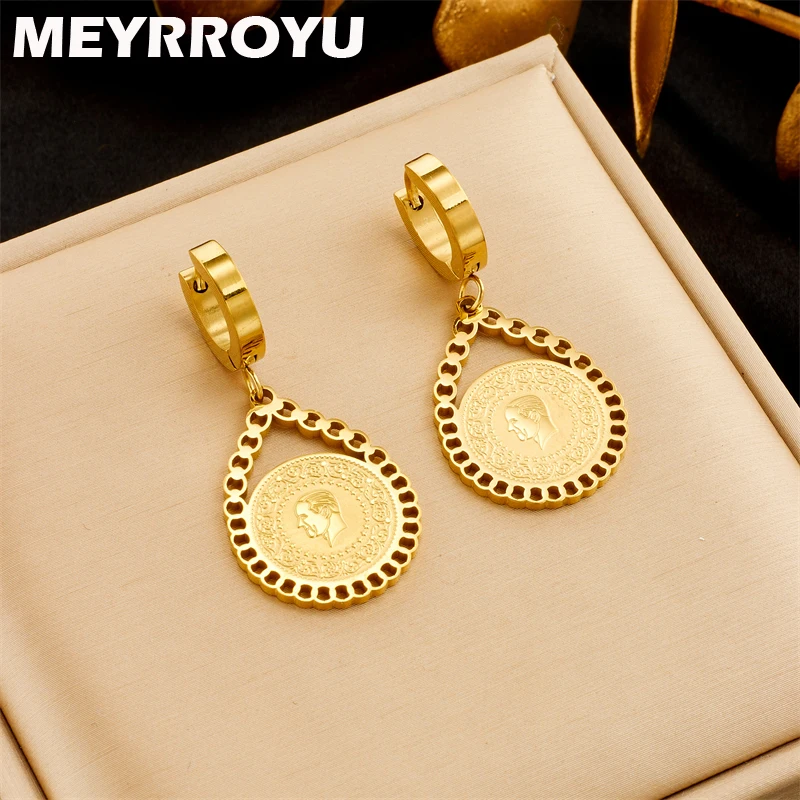 MEYRROYU 316L Stainless Steel 18K Gold Plated Earrings Round Portrait Pendant for Women Fashion Jewelry Birthday Gifts Brincos