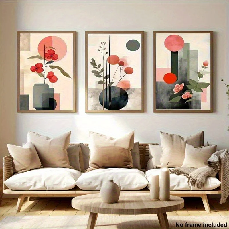 2D لشركة فيات، مجموعة 3 قطع، طباعة قماشية بدون إطار، عمل فني نباتي هندسي حديث ثلاثي الأبعاد مع تصميم زهور وأوراق شجر وردية - زن