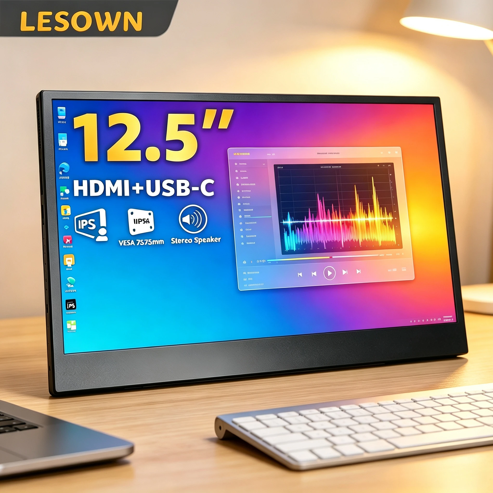 LESOWN 12.5 Inch 2.5K Portable Monitor 2560*1440 LCD MiniHDMI Type‑C Built‑in Speaker VESA 75 Aluminum Alloy Secondary Display
