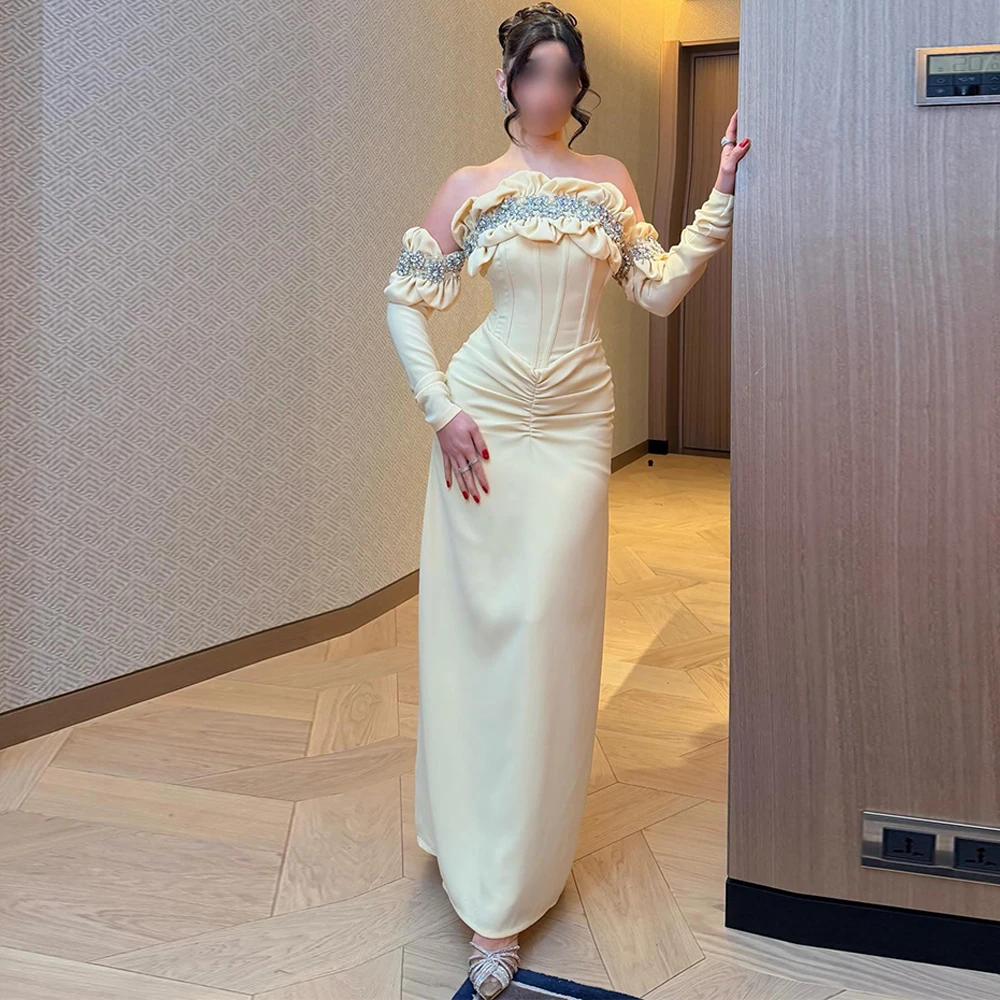 

Классическое вечернее платье из джерси с изысканным вырезом-лодочкой, индивидуальный пошив, платья для знаменитостей, элегантные платья с кристаллами и длинными рукавами