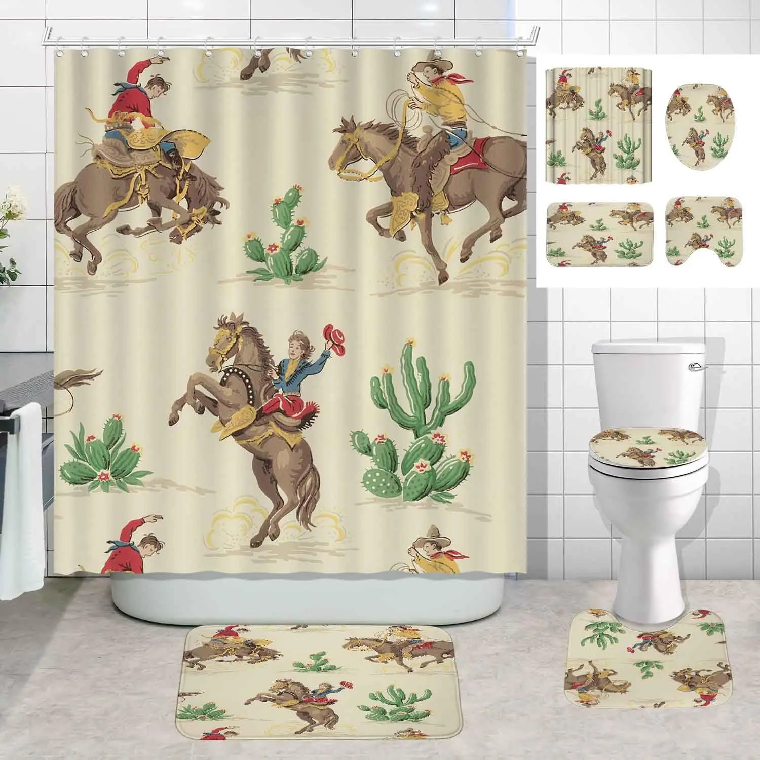 4PCS/Set Western Cowboy Shower Curtain Set With Bath Rug Toilet Cover Country Cowboy Riding Horse in Wild West Bathroom Decor