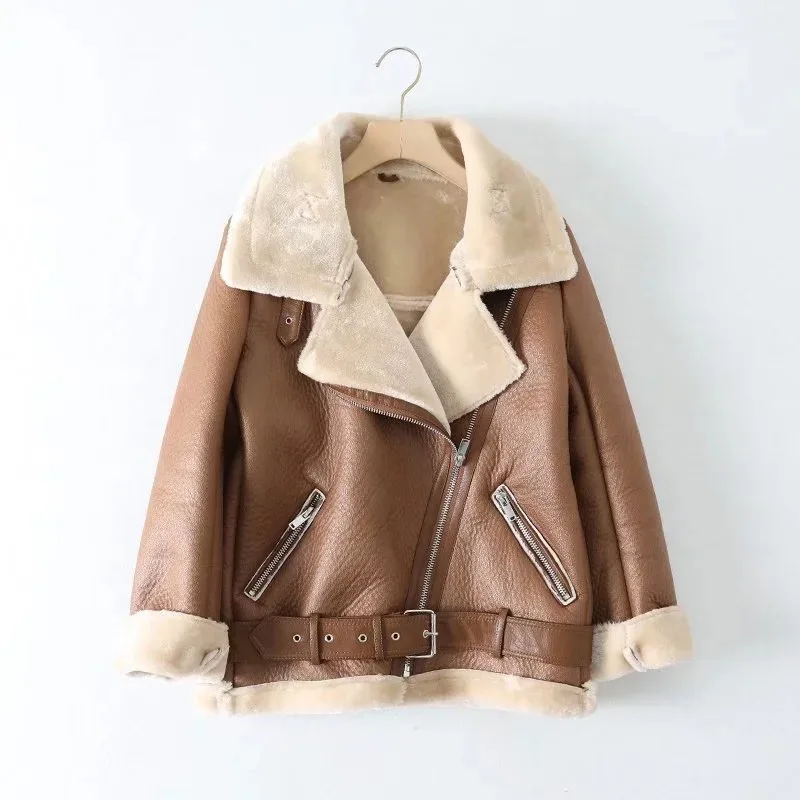 New Warm Women Faux Fur Jacket Winter Casual Streetwear Leather Buckle Solid Comfortable Fashion Loose Female Thick Outwear