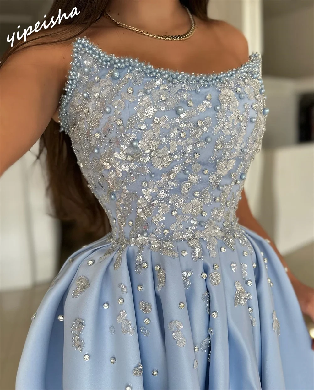 Yipeisha Exquisite Strapless Ball Gown Sweep Dresses Beading Rhinestone Satin Customized es