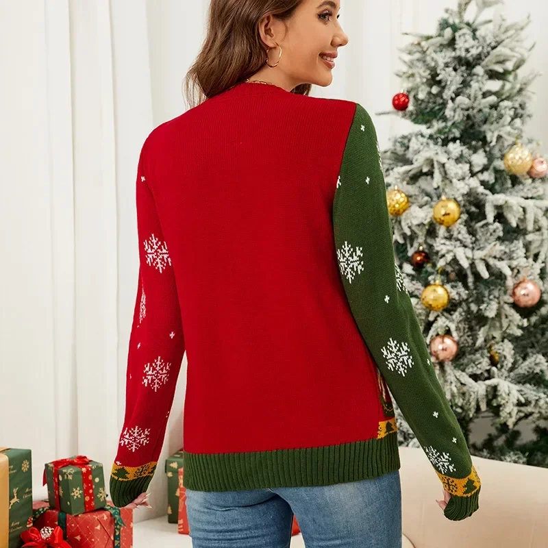 Christmas Knitted V-neck Single-breasted Cardigan,Women\'s Autumn and Winter Spell Color Jacquard Long-sleeve Knit Sweater Top