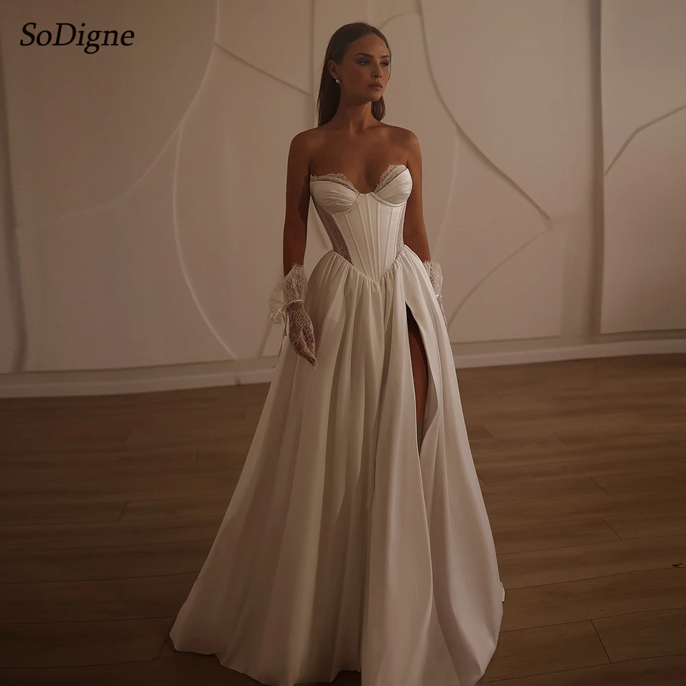 

SoDigne Satin A-line Simple Wedding Dresses Sweetheart Sleeveless Bridal Dress Split Customized Wedding Gown Robe De Mairee