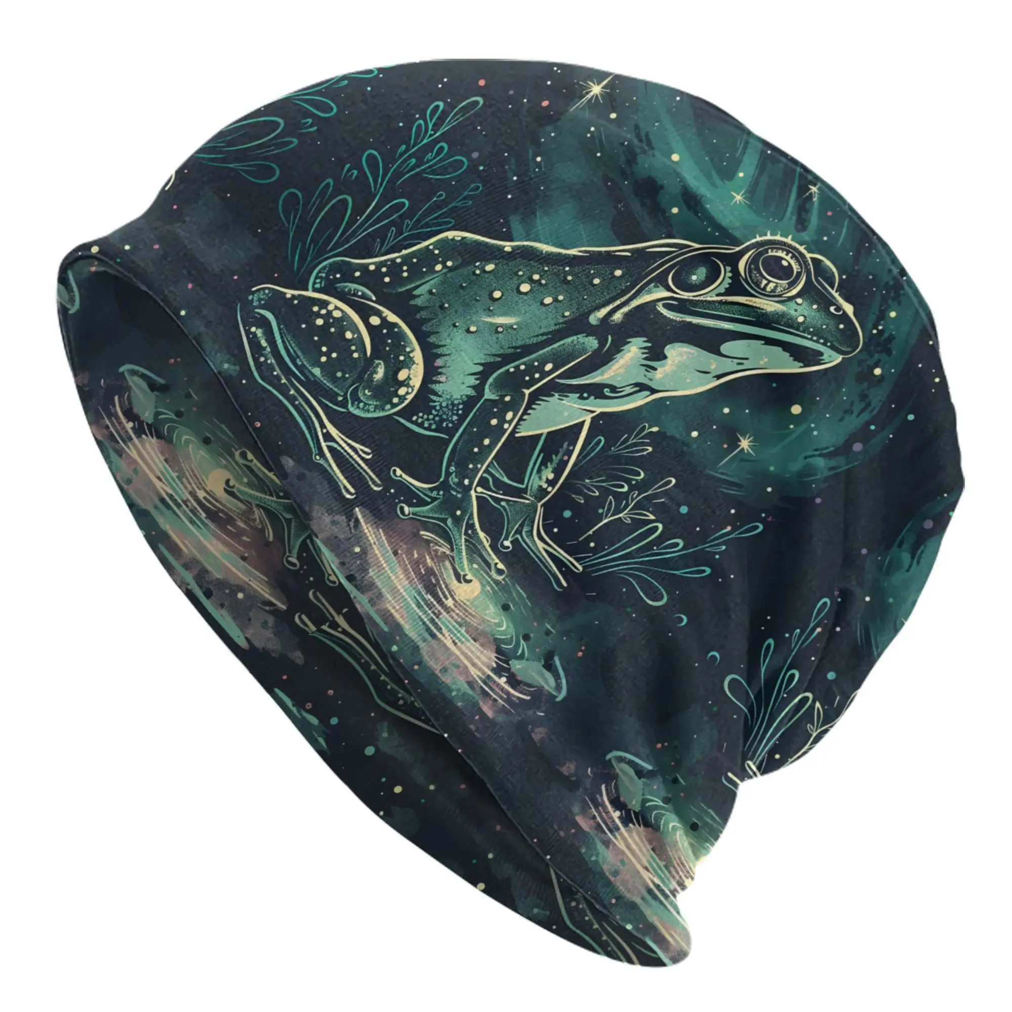 Star Night Frog Beanie Cool Knit Sport Hat Vibrant Design with Cosmic Frog Artwork Polyester Elastane Blend