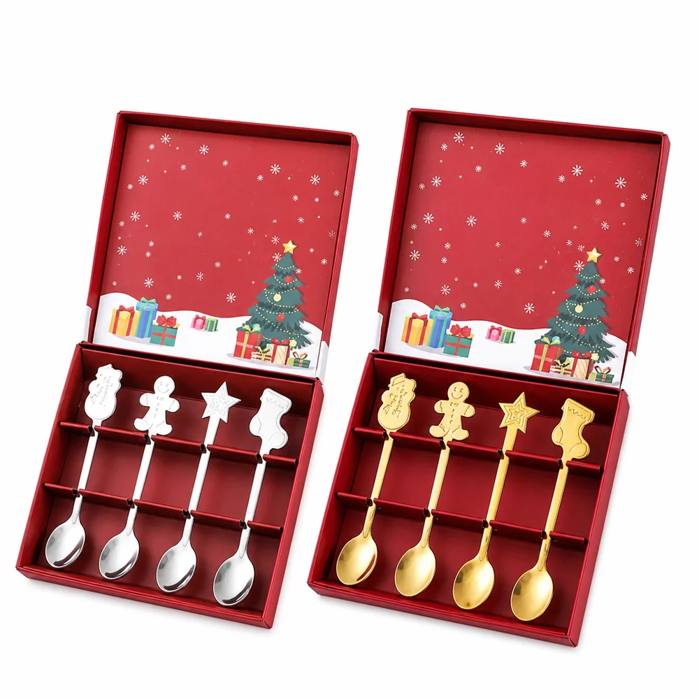4PCS Set New Stainless Steel Dessert Spoons Snowman Festive Coffee Spoons Gingerbread Stocking Present Box Table Setting