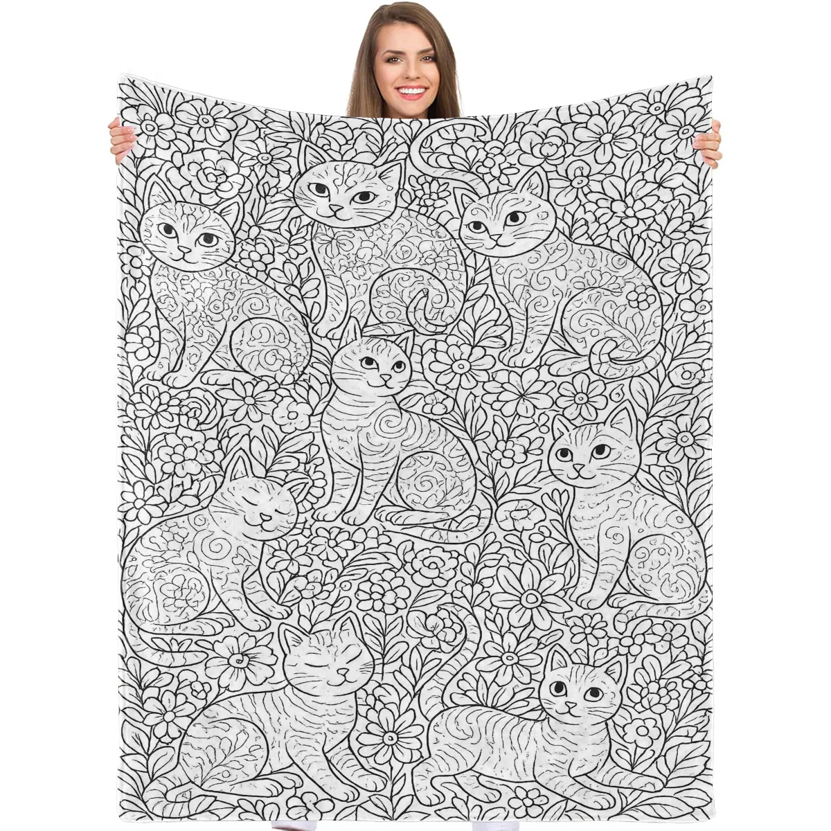 Healing Style Hand-Drawn Coloring Style Cat And Floral Flannel Printed Blanket, Adult Stress Relief Relaxing Exclusive Soft Skin