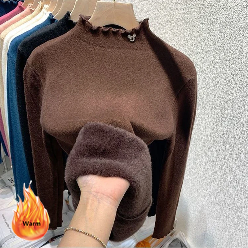 Winter Lined Thick Sweater Women Korean Wave Half Turtlenck Long Sleeve Knitted Sueter Elegant Plush Velvet Knit Bottoming Top