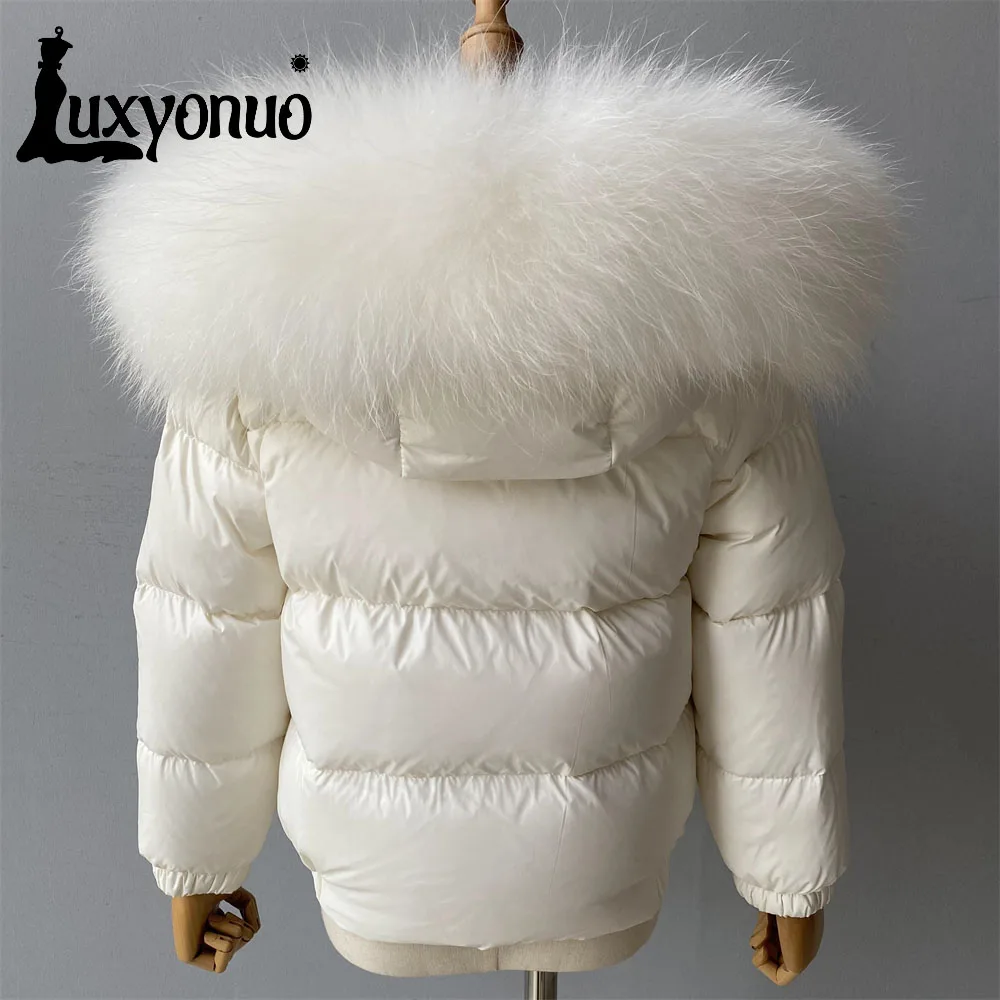 Luxyonuo Girl Child Down Jacket Winter Warm White Duck Down Coat With Real Raccoon Fur Collar Boy Baby Solid Color Hooded Jacket