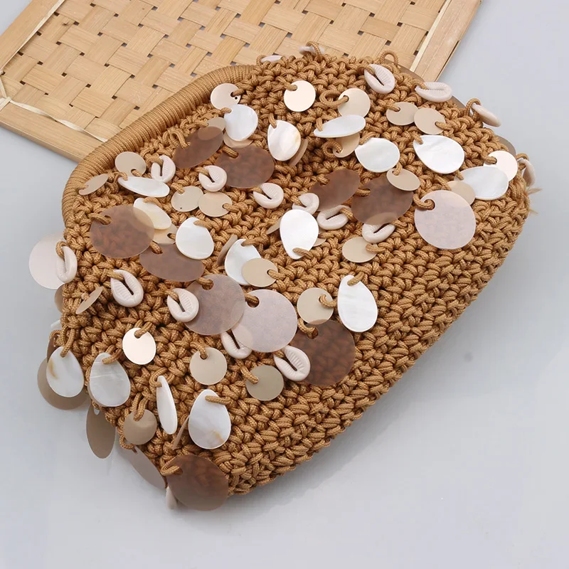 

Handmade Crochet Pouch Shell Sequin Dumpling Bags for Women Handbag Rope Knitting Clutch Cloud Clip Bag Woven Beach Bags Purses