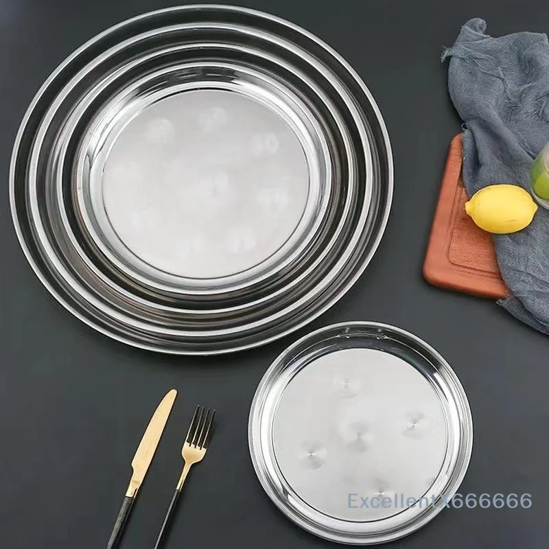 Stainless Steel Round Serving Plates Rust Proof Scratch Resistant Multiple Sizes for Home Kitchen Daily Dining Use