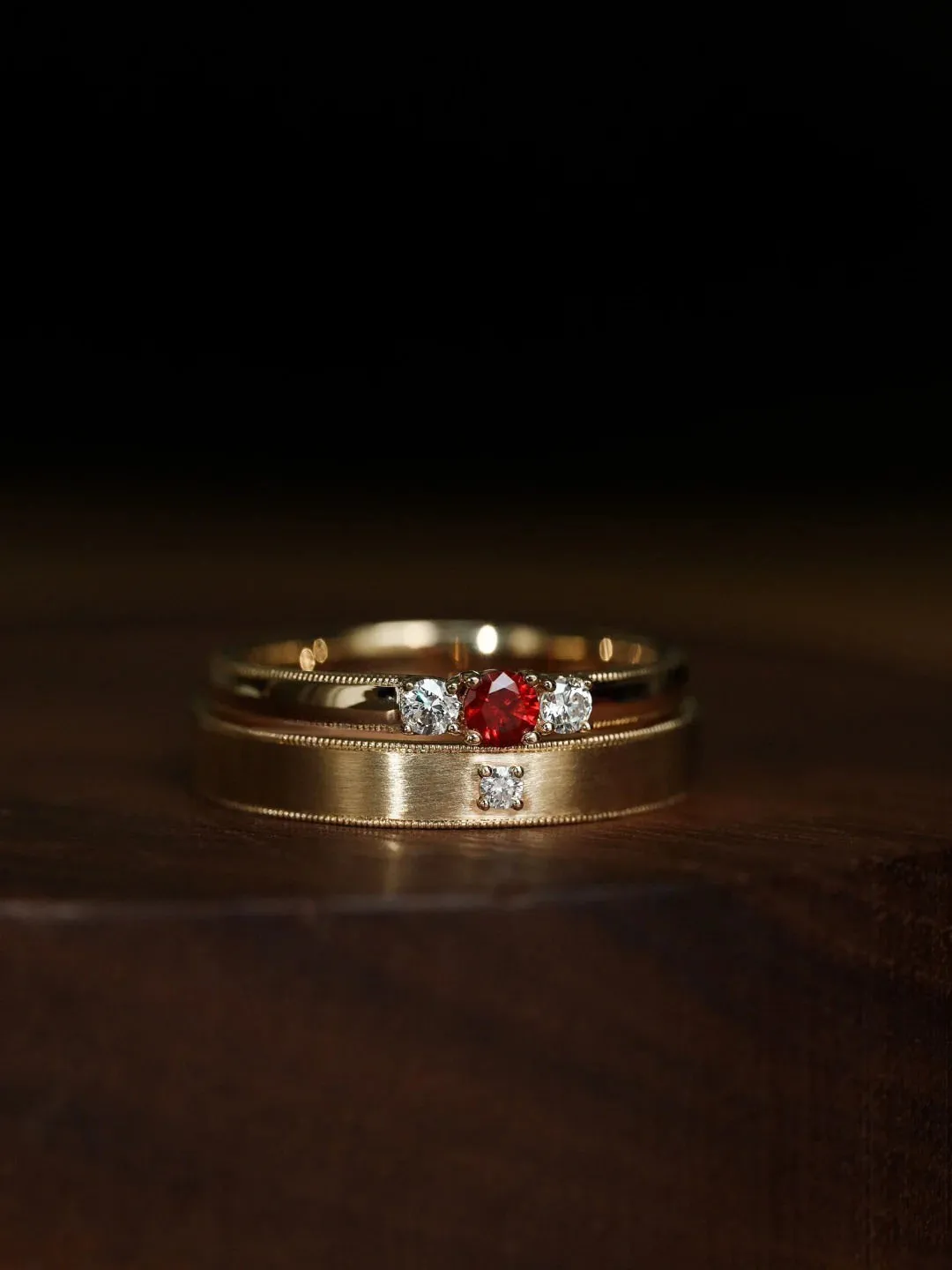 Designer Custom Ruby-Inlaid 18K/14K Gold Couple Rings, Luxurious Wedding/Engagement Bands for Him & Her