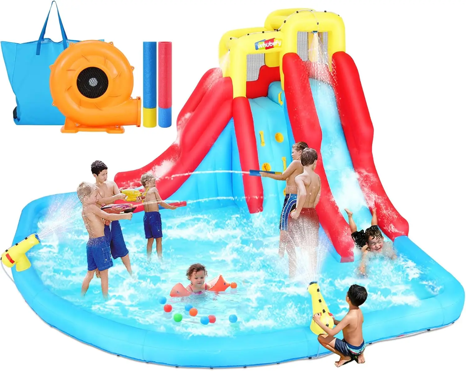 

Inflatable Backyard Water Park for Kids - 12-in-1 Blow Up Slide with Climbing Wall, Splash Pool, 2 Water Squirters, 2 Water Cannons, Double Slides with Sprinklers, and 520W Blower for Outdoor Parties
