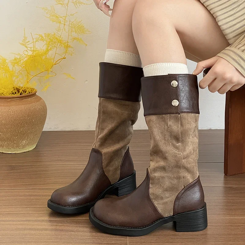 French Round-toe Studded Pleated Soft-sole Block Heel Shoes for Women Spliced Mid-tube Boots