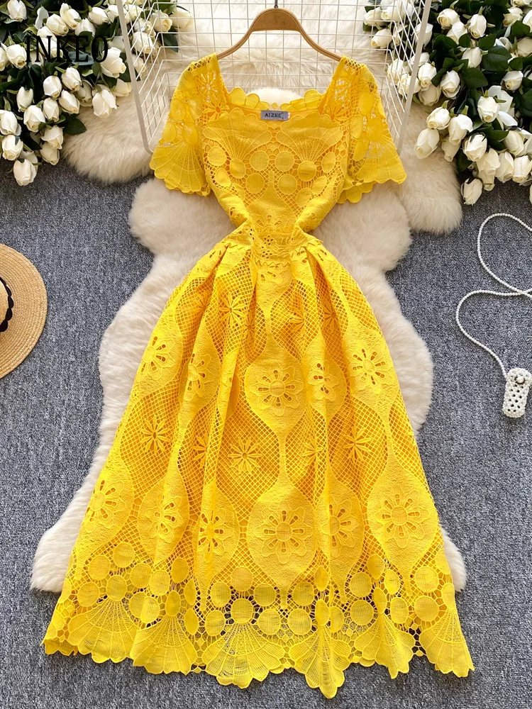 

Elegant Square collar short sleeve Midi dress Women's 2025 Summer Luxury Pleated Lace dresses Slim Solid color Beach INKEO 5D050